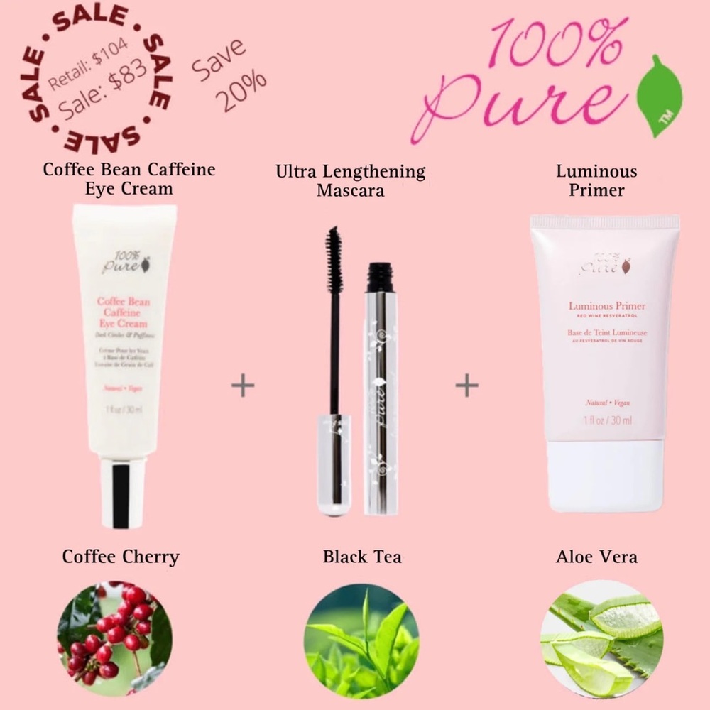 100% Pure 100 Percent Pure Combo : Luminous Primer + Eye Cream + Ultra Mascara